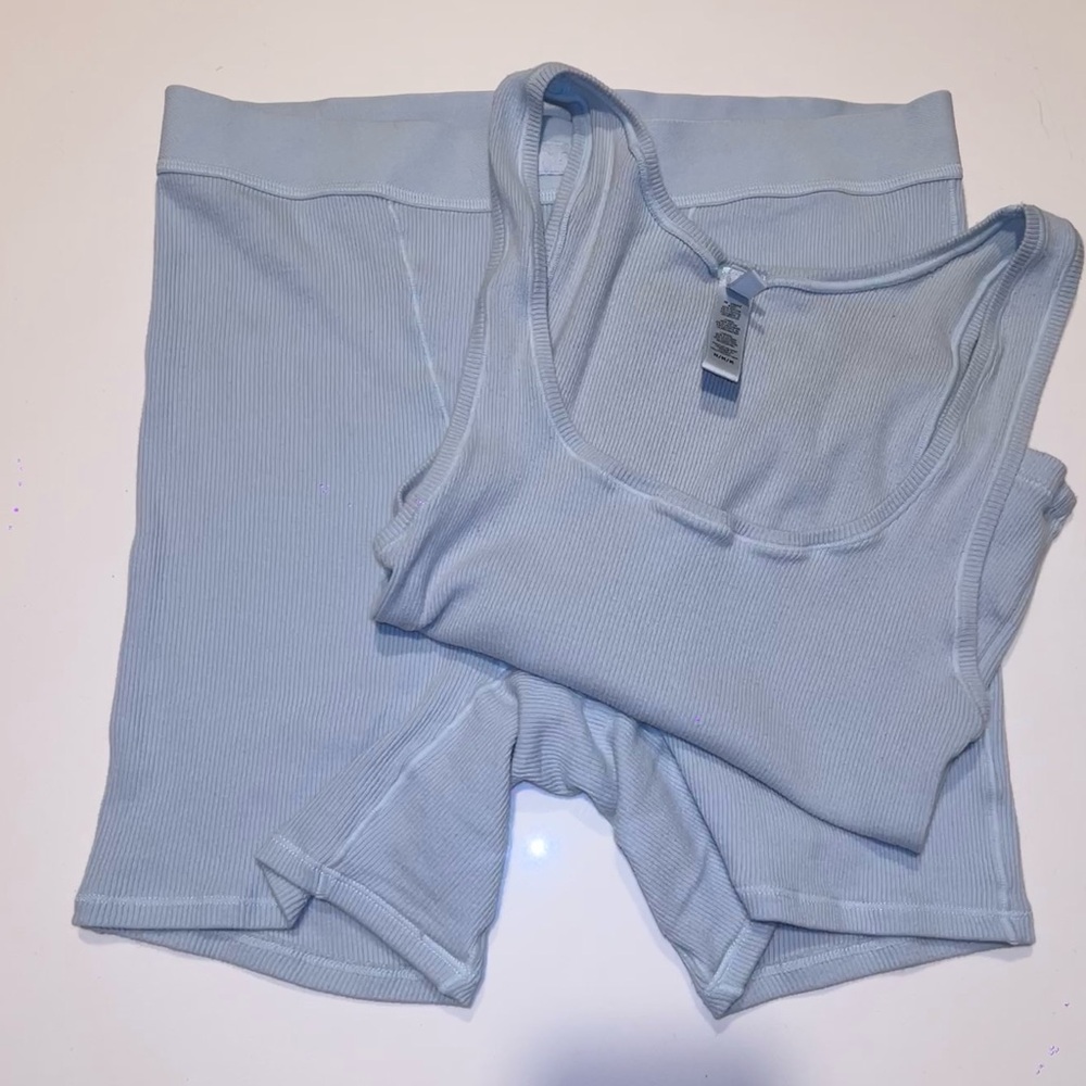 Skims Ribbed Tank and Shorts Set in light blue grey color